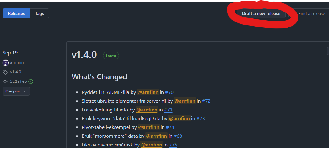 Skjermbilde av github, lag ny release