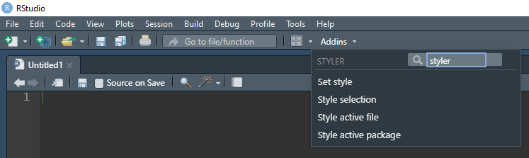 Dei ulike styler-vala i Addins-menyen.